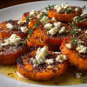 Delicious roasted sweet potato rounds drizzled with honey and topped with feta cheese