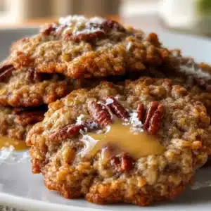 Delicious sourdough pecan pie oatmeal cookies on a baking tray