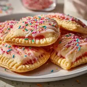 Delicious strawberry pop tart cookies on a plate topped with sprinkles