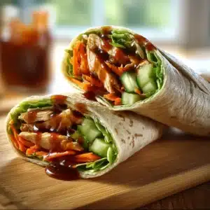 Delicious teriyaki chicken wrap with fresh veggies and sauce