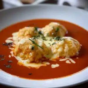 Delicious tomato soup garnished with cheese dumplings in a bowl