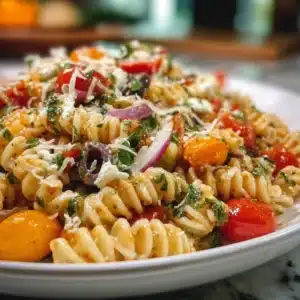Delicious vegetarian Italian pasta salad recipe served in a bowl.