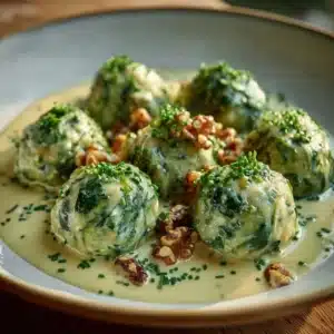 Delicious walnut spinach dumplings garnished and served on a plate