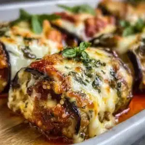 Cheesy eggplant rolls served on a plate, ready to enjoy.