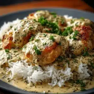 Delicious creamy smothered chicken with rice dinner on a plate