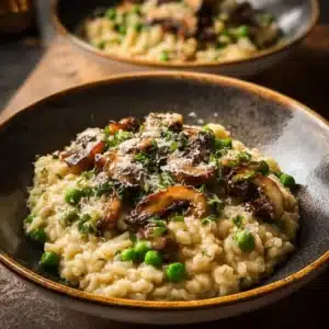 Bowl of creamy Crockpot Risotto with fresh herbs and cheese