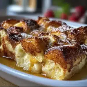 Delicious easy croissant bread pudding served in a warm bowl