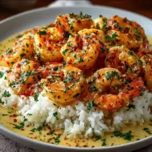 Plate of easy shrimp and rice garnished with herbs and spices