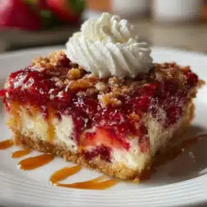 Delicious strawberry cheesecake dump cake topped with fresh strawberries