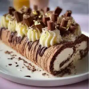 Elegant chocolate and cream wafer roll cake on a decorative plate
