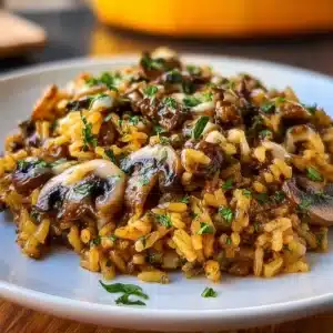 Flavor-packed one-pot mushroom rice dish served in a bowl