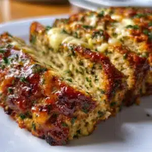 Garlic Parmesan Chicken Meatloaf plated with herbs and vegetables