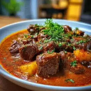 Bowl of hearty German Goulash with tender beef and spices