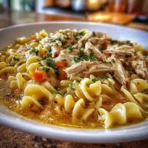 Ginger Garlic Chicken Noodle Soup in a bowl garnished with herbs