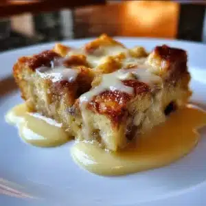 A delicious bowl of Grandma's classic bread pudding topped with a sprinkle of cinnamon.