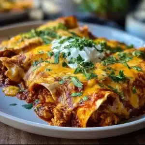 High protein chicken enchiladas topped with cheese and salsa.