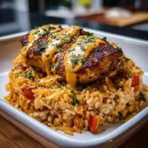 High protein creamy Cajun chicken served with rice in a bowl