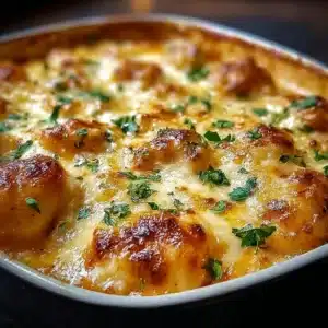 High-protein creamy garlic cheesy chicken served over potatoes