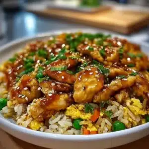 High protein crispy garlic chicken fried rice in a bowl with colorful vegetables