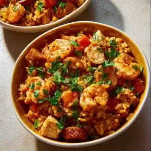 Delicious high protein jambalaya dish garnished with fresh herbs