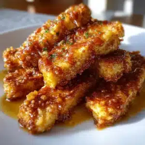Delicious Honey Mustard Tofu Tenders served on a plate with dipping sauce