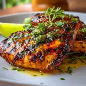 Juicy spicy grilled Cuban chicken garnished with fresh herbs and served on a platter.