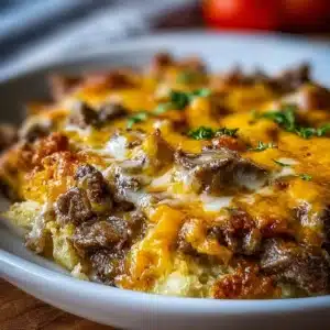 Low Carb Philly Cheesesteak Casserole topped with cheese and peppers