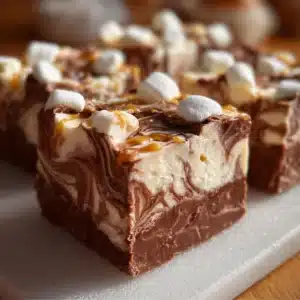 Delicious homemade marshmallow swirl fudge in a decorative dish