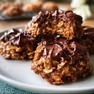 No bake preacher cookies on a plate, a sweet and easy dessert recipe.