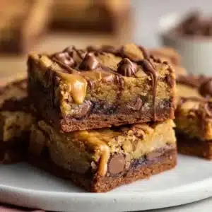 Delicious Peanut Butter Cup Stuffed Blondies on a plate