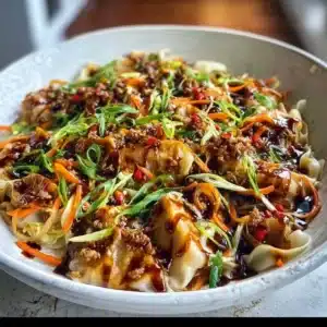 Delicious potsticker noodle bowl with savory ingredients and vibrant presentation
