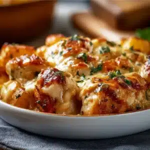 Power-Packed High Protein Cheesy Chicken & Potatoes dish served on a plate