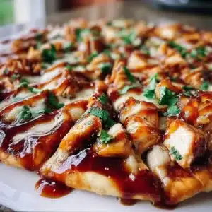 Delicious BBQ chicken pizza with melted cheese and fresh toppings