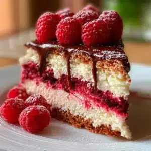 Delicious Raspberry Layer Cake with layers of cream and fresh raspberries