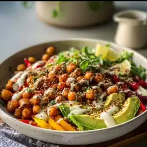 Delicious roasted chickpea and avocado bowl topped with fresh greens