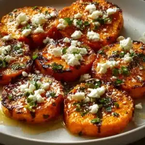 Roasted sweet potato rounds with honey and feta on a serving plate