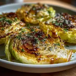 Garlic butter roasted cabbage steaks plated as a savory dish