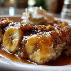 Southern banana cobbler dessert topped with whipped cream and fresh bananas.