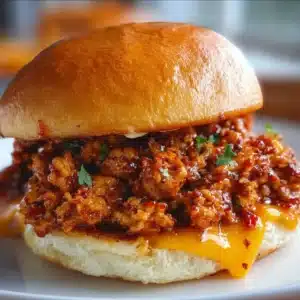 Spicy Cajun Chicken Sloppy Joes served on a plate with garnishes.