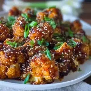 Delicious Sticky Sesame Cauliflower dish garnished with sesame seeds.