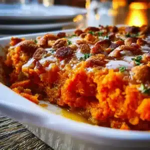 Delicious sweet potato casserole topped with marshmallows and pecans