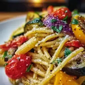 Bowl of flavorful roasted vegetable pasta with colorful veggies