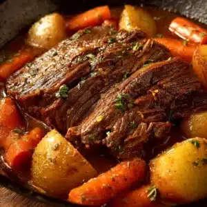 Tender Crockpot Roast served with vegetables on a plate.