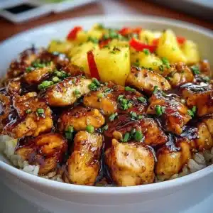 Teriyaki chicken served in a pineapple bowl with colorful vegetables