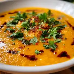 Bowl of Thai Coconut Red Lentil Soup garnished with herbs and spices