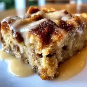 Delicious plate of the best bread pudding topped with a caramel drizzle