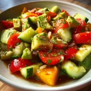 Fresh tomato cucumber avocado salad in a bowl
