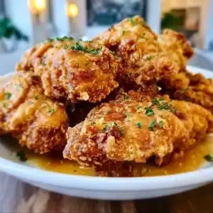 Plate of crispy Southern Fried Chicken served with coleslaw and biscuits