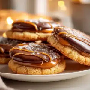 Freshly baked Twix style cookies with chocolate and caramel layers