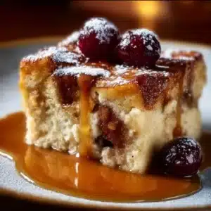Warm Caramel Bread Pudding served in a bowl, drizzled with caramel sauce